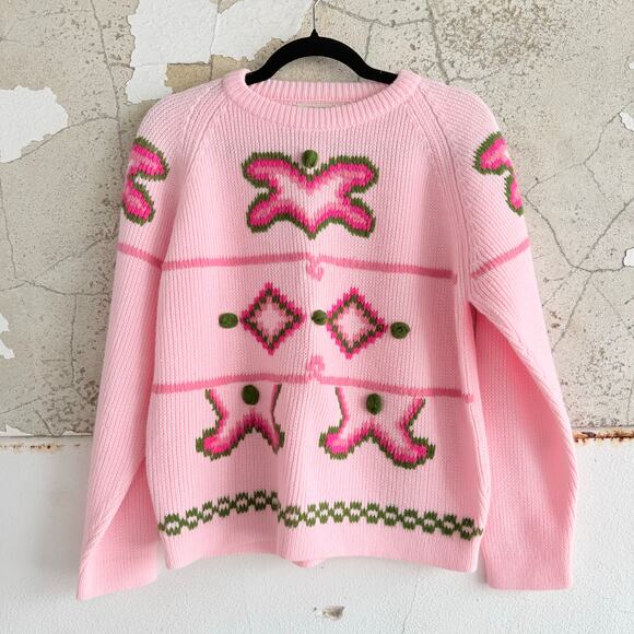 Vintage Sweaters - Vtg 80s Sweater Pink Textured Knit Green Pom Coquette Granny Cottagecore Women L